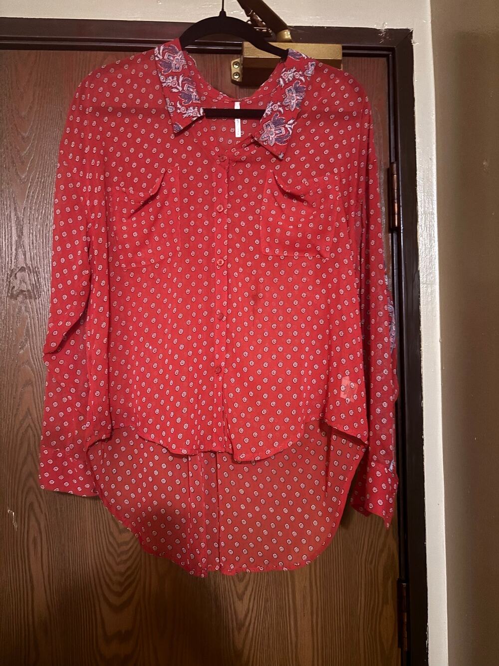 Free People Red Fall Boho Indie Floral Button- Down Collared Preppy Blouse